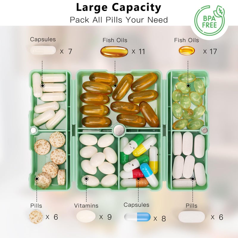 FYY Daily Pill Organizer, 7 Compartments Portable Pill Case Travel Pill Organizer,[Folding Design] Pill Box for Purse Pocket to Hold Vitamins,Cod Liver Oil,Supplements and Medication-Green - Image 2