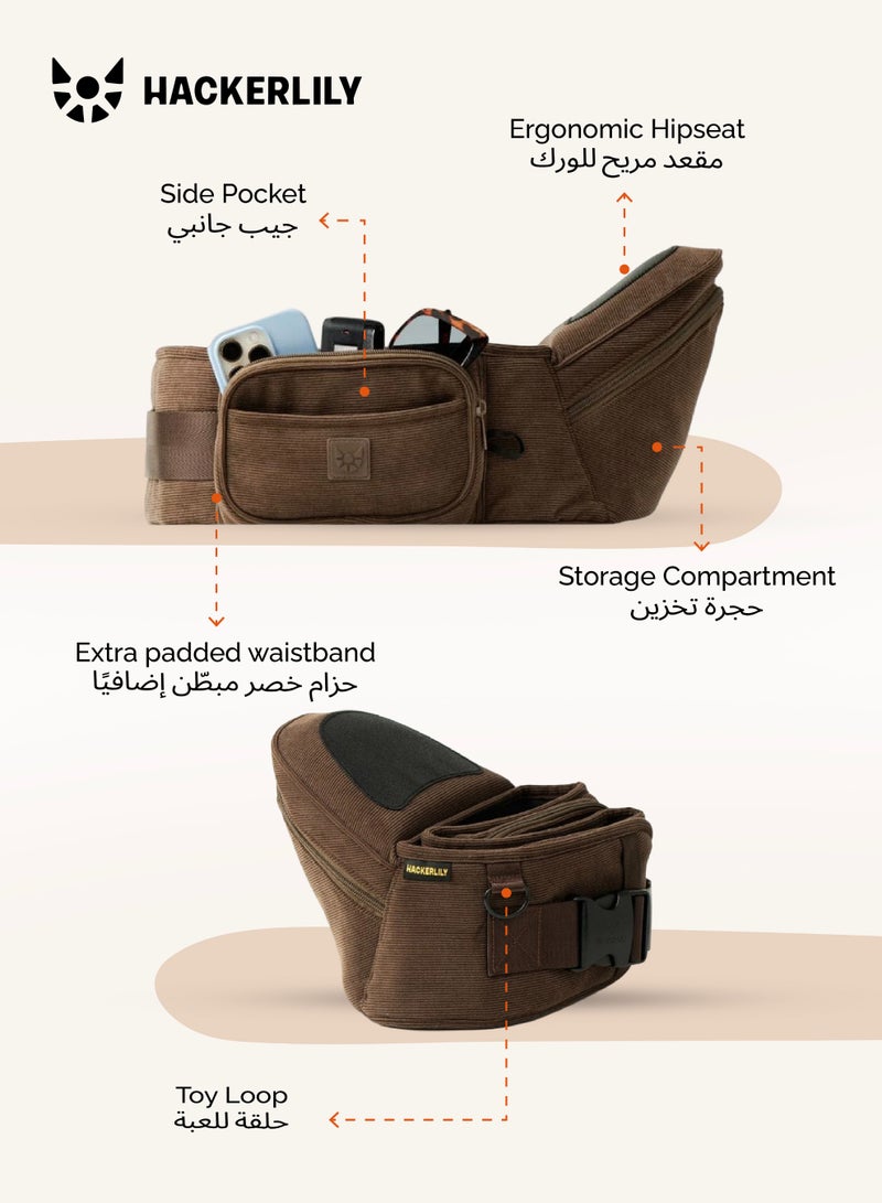 Hackerlily Hip Seat Baby Carrier in Chocolate Corduroy | Strap Free Waist Carrier with Storage | 5+ Carry Positions | Ergonomic M Position | Fits 59–117 CM Waist | Up to 25 KG - Image 3