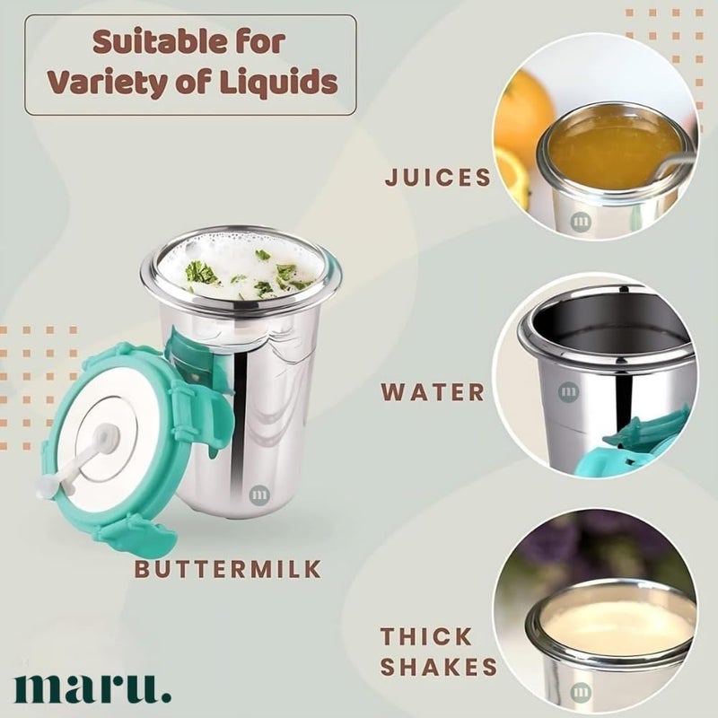MARU Stainless Steel Tumbler 400ml – Durable, Leakproof & Portable Sippy Cups with Lids, Reusable Straws & Cleaning Brush – Steel Glass Tumbler Ideal for Travel, Office & Home, Sea Green - Image 3