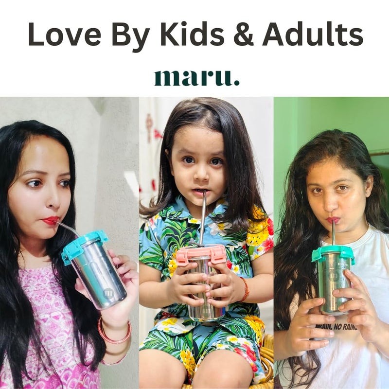MARU Stainless Steel Tumbler 400ml – Durable, Leakproof & Portable Sippy Cups with Lids, Reusable Straws & Cleaning Brush – Steel Glass Tumbler Ideal for Travel, Office & Home, Sea Green - Image 4