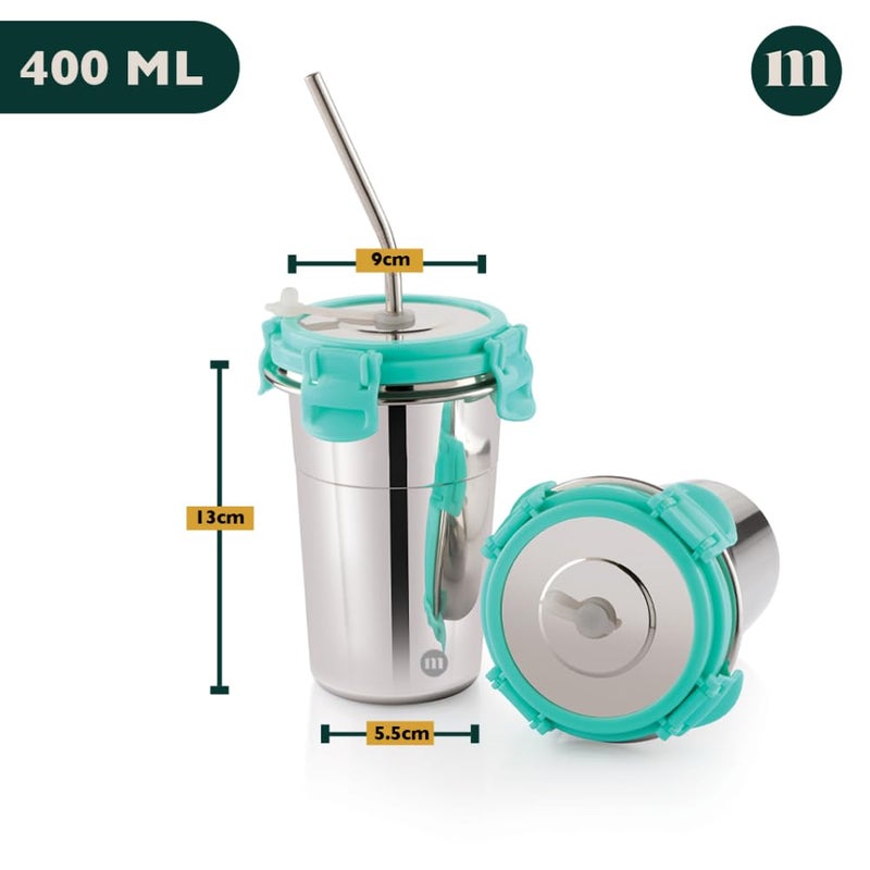 MARU Stainless Steel Tumbler 400ml – Durable, Leakproof & Portable Sippy Cups with Lids, Reusable Straws & Cleaning Brush – Steel Glass Tumbler Ideal for Travel, Office & Home, Sea Green - Image 2