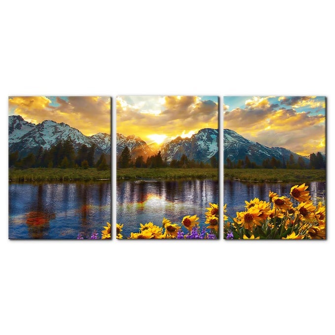 3 PIECES MOUNTAIN CANVAS WALL ART FOR LIVING ROOM NATURE LANDSCAPE PICTURE SUNFLOWER WALL DECOR FOR BEDROOM HOME DECORATION SUNRISE GRAND TETON NATIONAL PARK PAINTING FRAMED ARTWORK 20X28X3 PANELS