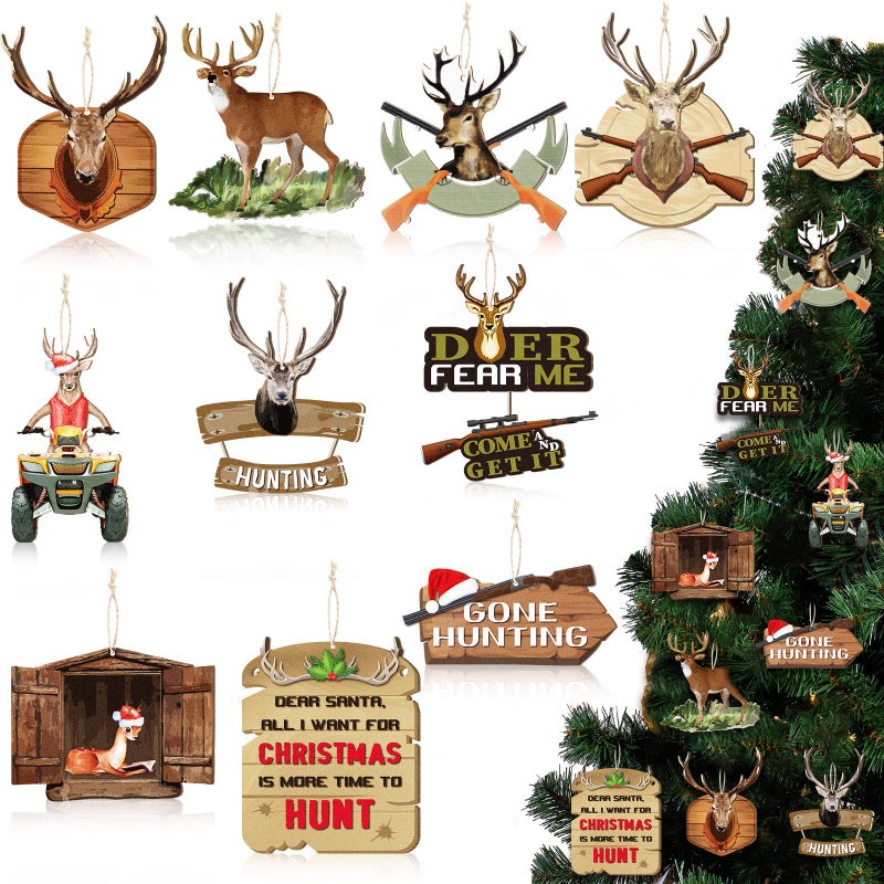 Amyhill 30 Pieces Christmas Deer Tree Ornaments Wooden Buck Hunting Ornament Deer Hunting Decorative Hanging Ornaments with Gun Christmas Ornament Woodland Wild Life Decorations for XmasRetro