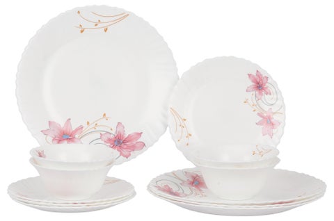 طقم عشاء ديلكاسا DC3303 بوتانيكال بليس أوبالوير، 12 قطعة، أبيض/وردي