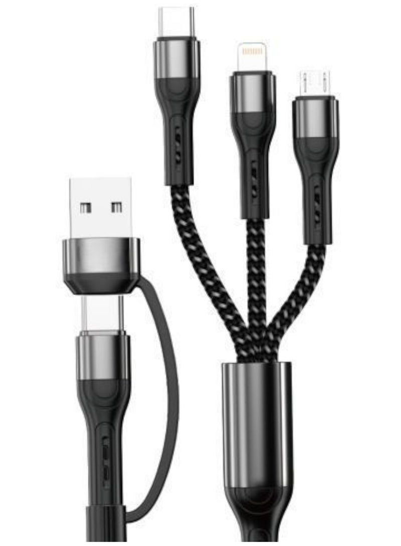 3 in 1 Multifunctional Fast Charger Cable Black Color 1 Meter Length Specifications The charger head is selectable You can choose and switch between the USB or Type C head and charge Type C or iPhone Lightning or Micro USB Suitable for iPhone, Android, iPad, Mac, Samsung, Xiaomi, smartphones, tablets and laptops for charging or data transfer The transmission rate and data transfer is 480 Mbps and the capacity is 3.1 A and the power is 65 watts The cable is anti-cut and very suitable for bending and can withstand temperatures unlike regular cables that are exposed to cuts or loosening when exposed to the sun - Image 1