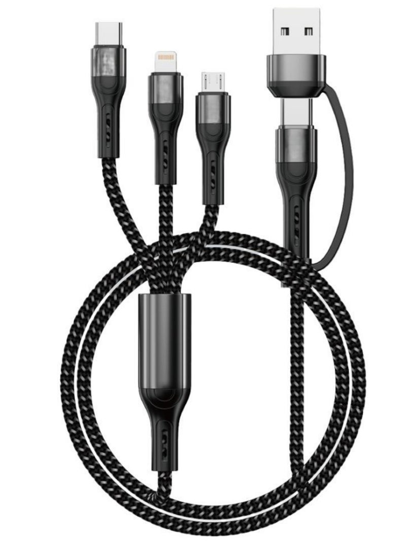 3 in 1 Multifunctional Fast Charger Cable Black Color 1 Meter Length Specifications The charger head is selectable You can choose and switch between the USB or Type C head and charge Type C or iPhone Lightning or Micro USB Suitable for iPhone, Android, iPad, Mac, Samsung, Xiaomi, smartphones, tablets and laptops for charging or data transfer The transmission rate and data transfer is 480 Mbps and the capacity is 3.1 A and the power is 65 watts The cable is anti-cut and very suitable for bending and can withstand temperatures unlike regular cables that are exposed to cuts or loosening when exposed to the sun - Image 2