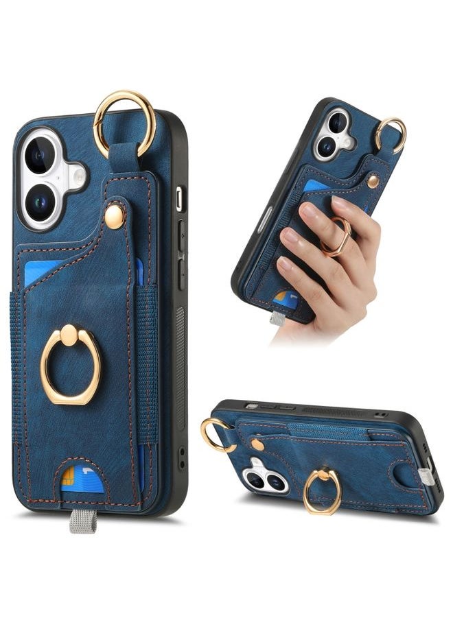 HuHa Case Cover For iPhone 16 Plus Retro Skin-feel Ring Card Bag Phone Case with Hang Loop(Blue) 