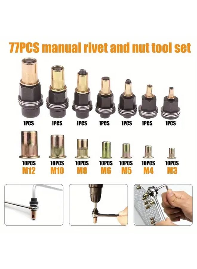 77 Pcs Manual Rivet Nut Tool Set with 7 Sizes M3 M4 M5 M6 M8 M10 M12 for Automotive Industrial Equipment - Image 1