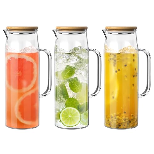Quald 3 Sets Glass Pitcher with Lid, 50 oz / 1500 ml Water Carafe with Handles Hot Cold Beverage Water Jar Glass Jug (Bamboo lid) - Image 1