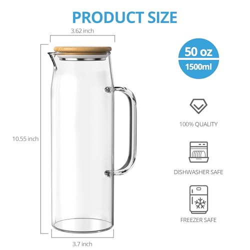 Quald 3 Sets Glass Pitcher with Lid, 50 oz / 1500 ml Water Carafe with Handles Hot Cold Beverage Water Jar Glass Jug (Bamboo lid) - Image 2