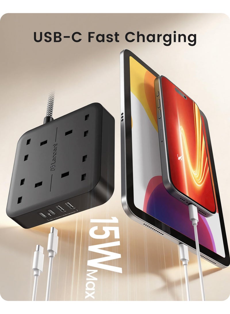 قاعدة توصيل كهرباء بـ 4 مخارج مع منفذي USB-C ومنفذي USB-A، محطة شحن متعددة بقدرة 3250 واط، سلك مضفر بطول 1.8 متر، أسود - Image 3
