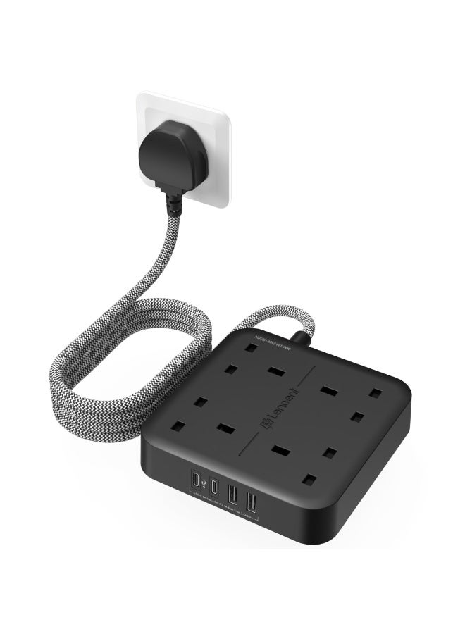 قاعدة توصيل كهرباء بـ 4 مخارج مع منفذي USB-C ومنفذي USB-A، محطة شحن متعددة بقدرة 3250 واط، سلك مضفر بطول 1.8 متر، أسود - Image 1