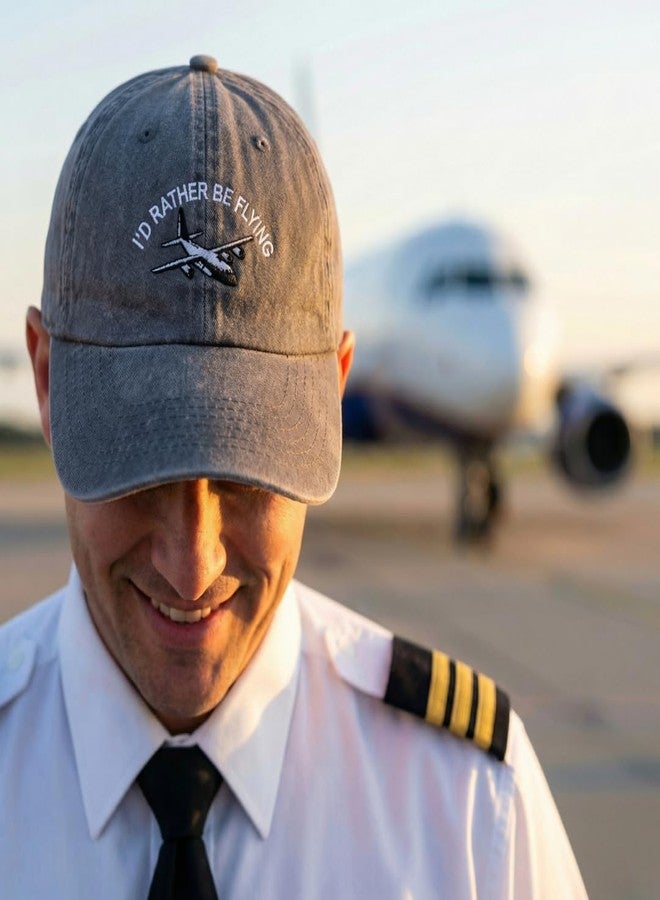 Speedy Pros Vintage Washed Hat C-130 I'd Rather Be Flying Embroidery Cotton Dad Hats for Men & Women Buckle Closure Grey - Image 2