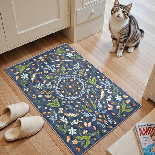 La Home Lahome Chloe Insect Botanical 2x3 Kitchen Rugs for Entryway Washable Small Blue Door Mat Indoor Entrance Soft NonSlip Indoor Throw Carpet for Bathroom Bedroom LaundryDark Blue2x3 - Image 1