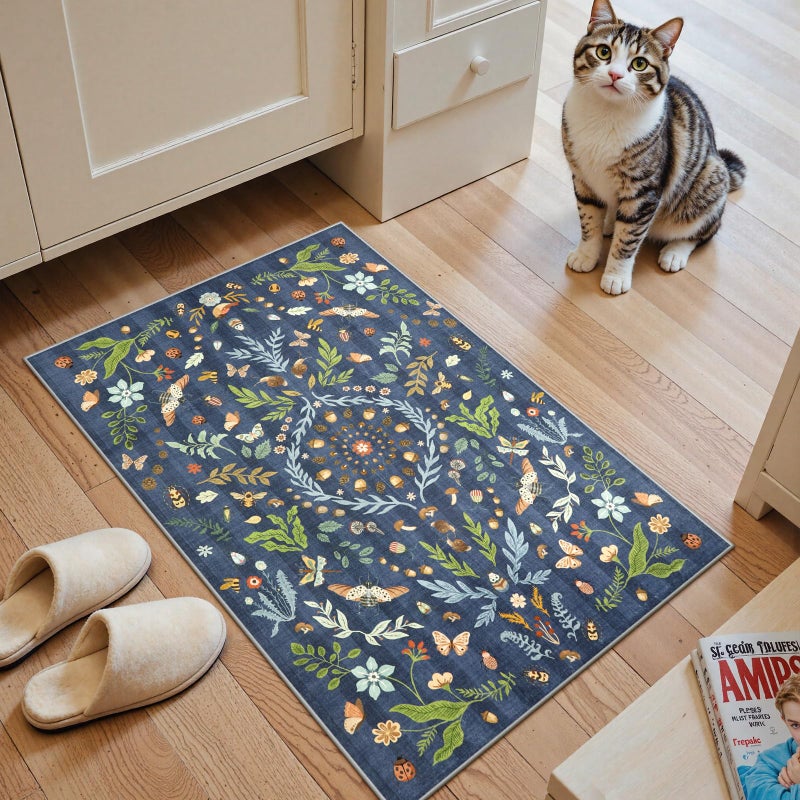 La Home Lahome Chloe Insect Botanical 2x3 Kitchen Rugs for Entryway Washable Small Blue Door Mat Indoor Entrance Soft NonSlip Indoor Throw Carpet for Bathroom Bedroom LaundryDark Blue2x3 - Image 2