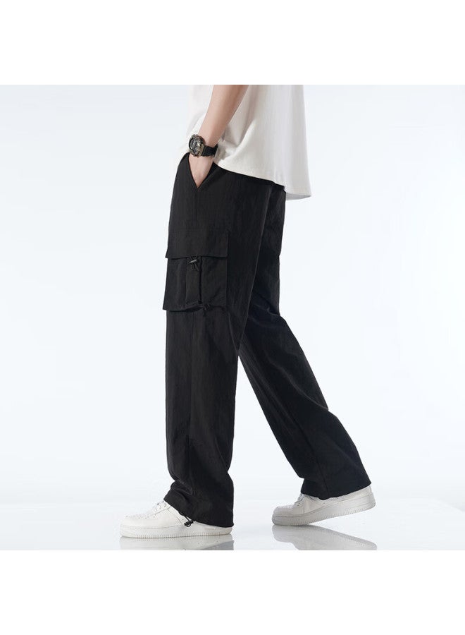 Dingfengbaoluo Men's Summer Ice Silk Casual Pants Straight Loose Outdoor Thin Sports Workwear Long Pants Wx07 Black M - Image 4