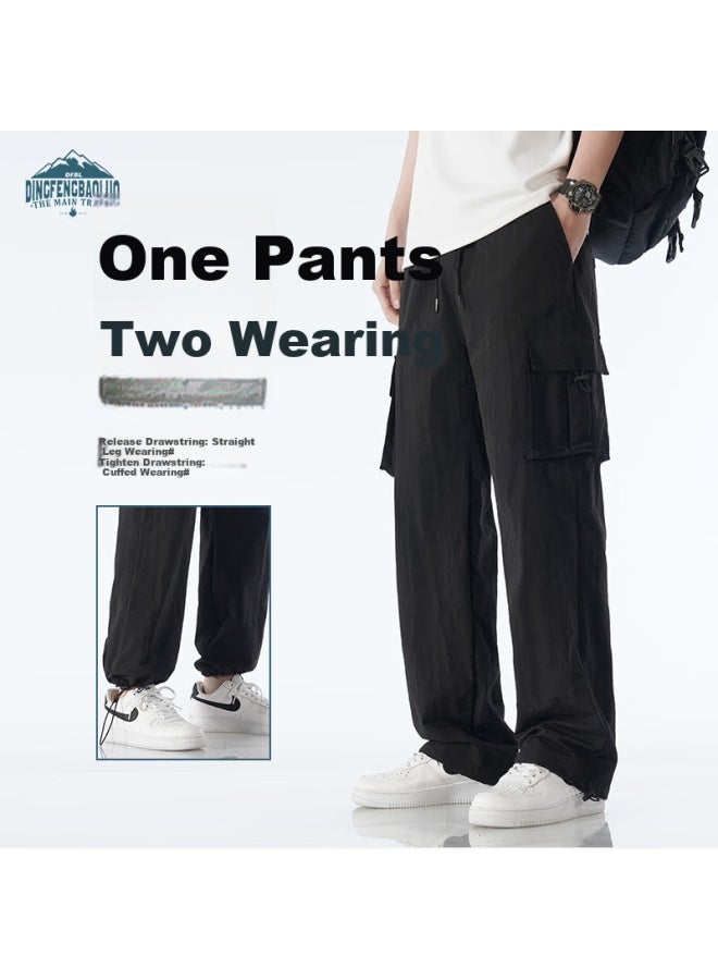 Dingfengbaoluo Men's Summer Ice Silk Casual Pants Straight Loose Outdoor Thin Sports Workwear Long Pants Wx07 Black M - Image 1