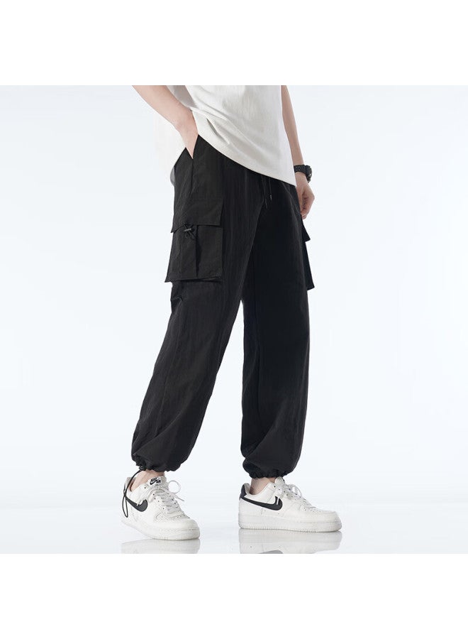 Dingfengbaoluo Men's Summer Ice Silk Casual Pants Straight Loose Outdoor Thin Sports Workwear Long Pants Wx07 Black M - Image 5