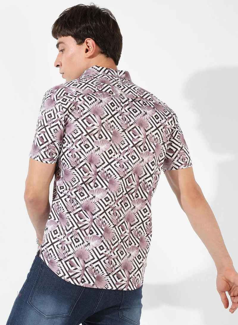 كامبوس سوترا Men's White & Black Printed Regular Fit Casual Shirt