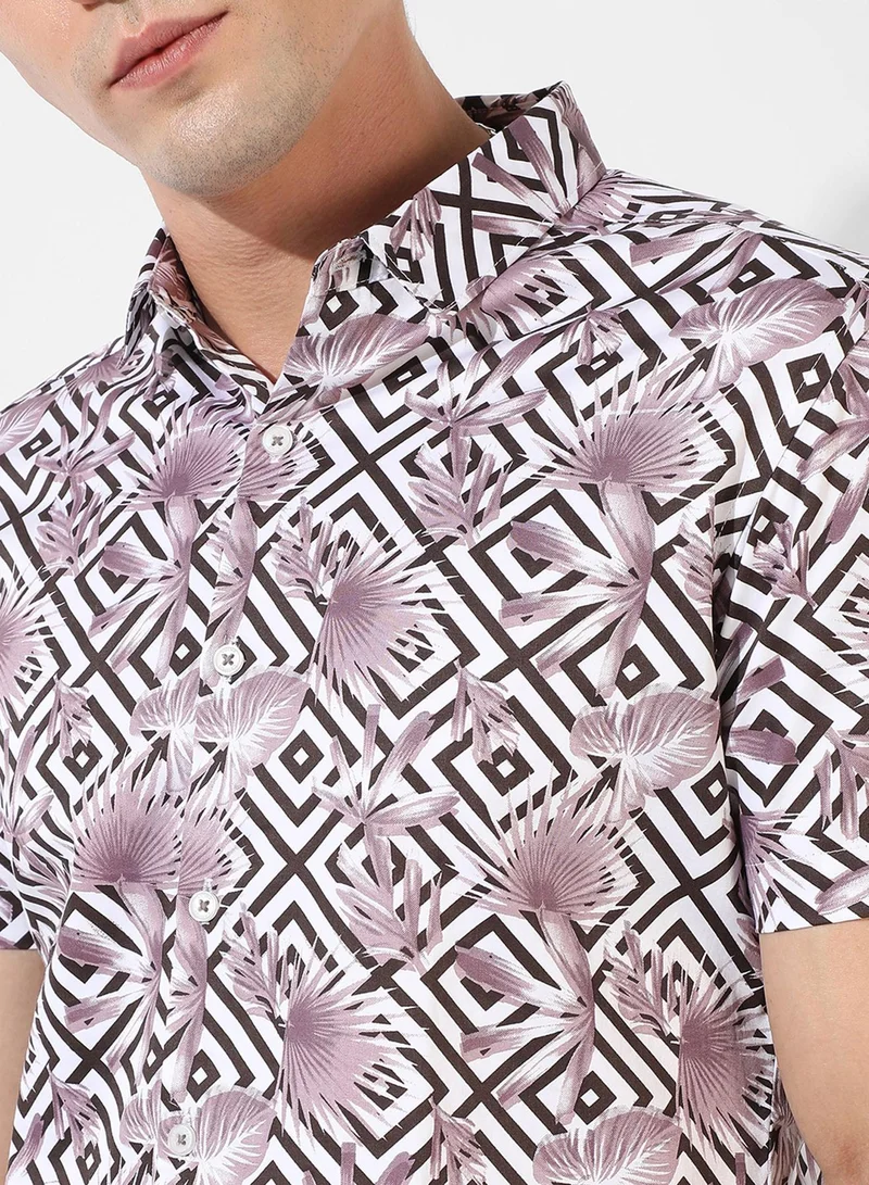 كامبوس سوترا Men's White & Black Printed Regular Fit Casual Shirt