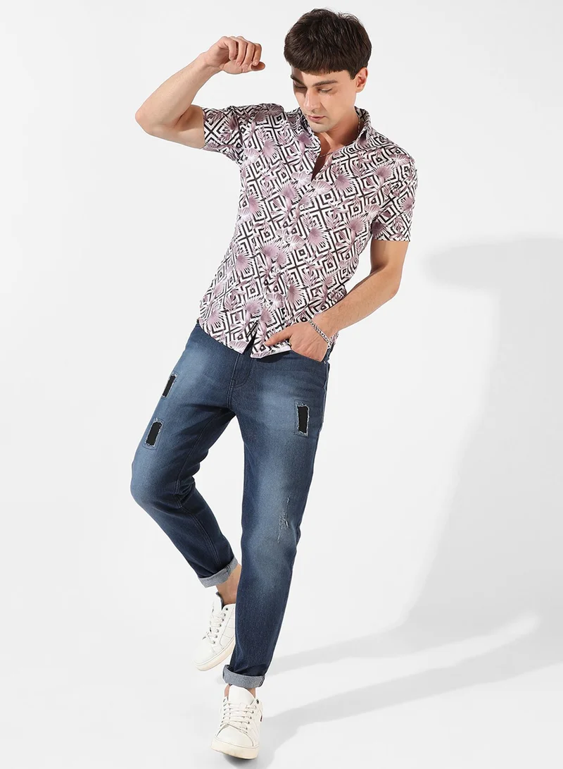 كامبوس سوترا Men's White & Black Printed Regular Fit Casual Shirt