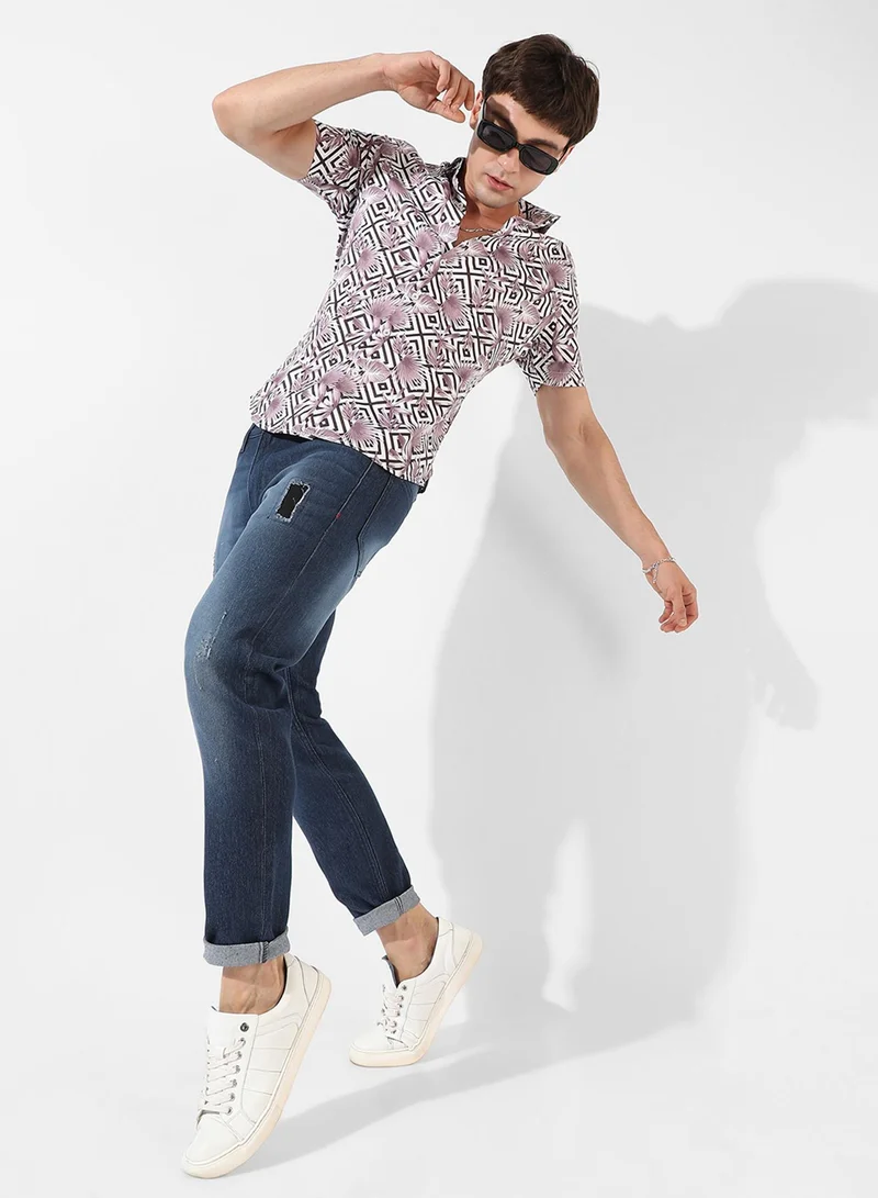 كامبوس سوترا Men's White & Black Printed Regular Fit Casual Shirt