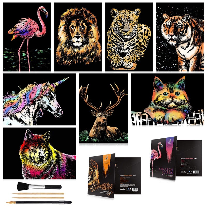 Scratch Art for Kids Adults Rainbow Engraving Painting Landscape ScratchboardA4 Crafts Set 8 Sheets Scratch Cards with 4 tools UnicornFlamingoCatDeerLionTigerLeopardWolfAnimal Series