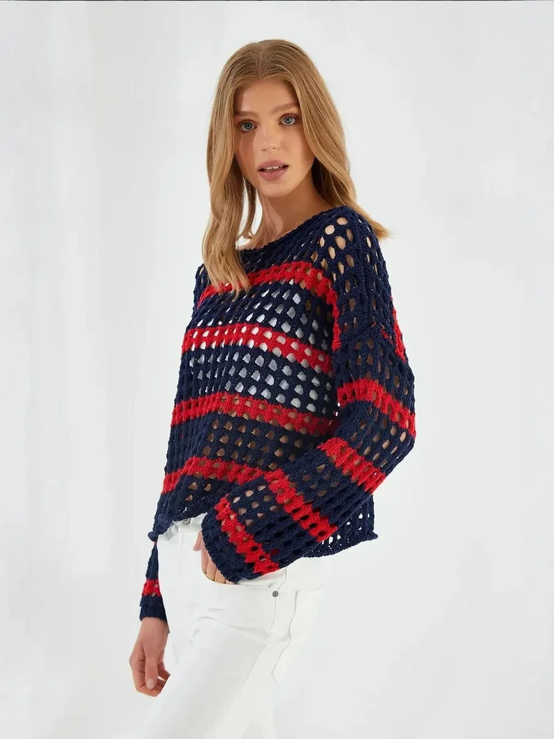 MixRay Mixray Thick Textured Striped Oversize Knit Sweater