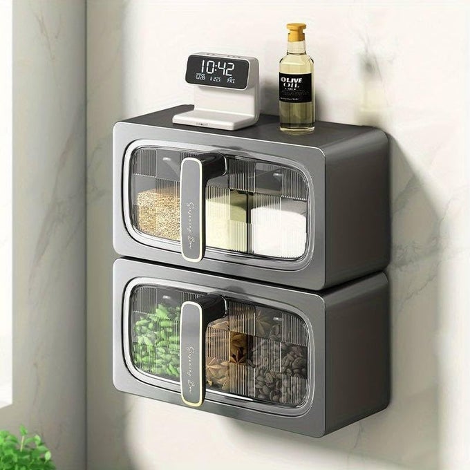 SEASONING JARS KITCHEN ORGANIZER WALL MOUNTED SEASONING BOX SALT PEPPER SPICE RACK JAR SUGAR BOWL SPICE STORAGE BOX WITH A SMALL SPOON (1 PCS)