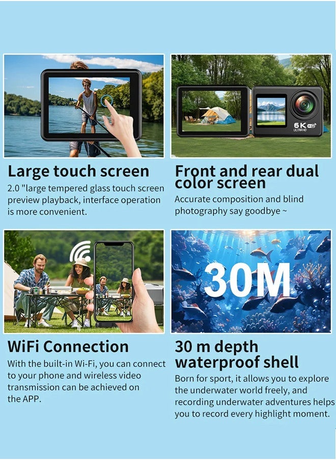 Generic 6K HD Action remote control camera, EIS anti-shake, 170° wide-angle shooting, WiFi interconnection anti-shock outdoor camera, creative dual color screen, with 32GB memory card, with remote control, for shooting VLOG, travel, cycling, life records  - Image 4