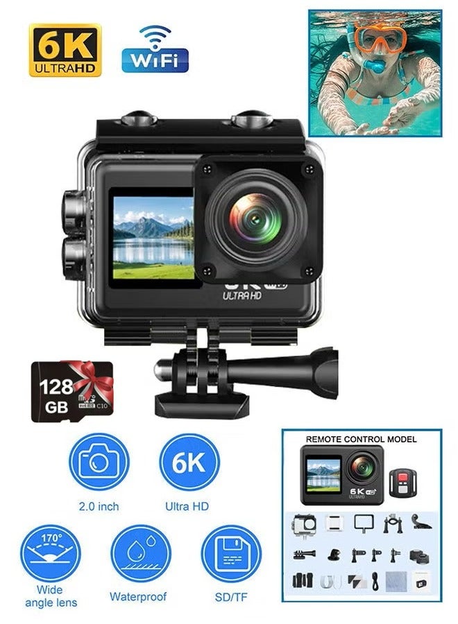 Generic (With 128GB SD Card)6K HD Action remote control camera, EIS anti-shake, 170° wide-angle shooting, WiFi interconnection anti-shock outdoor camera, creative dual color screen, with remote control, for shooting VLOG, travel, cycling, life records - Image 1