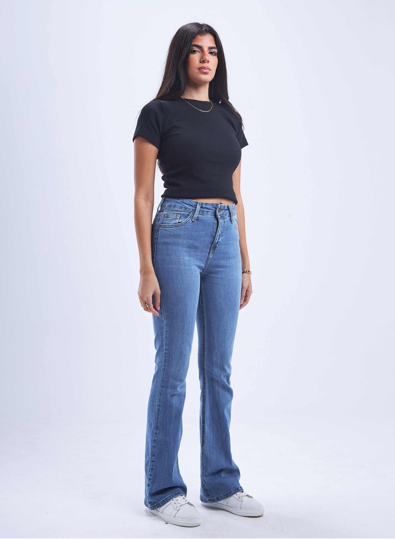 CIZARO High-Waist Medium Blue Shade Degrade Flared Jeans. - Image 1