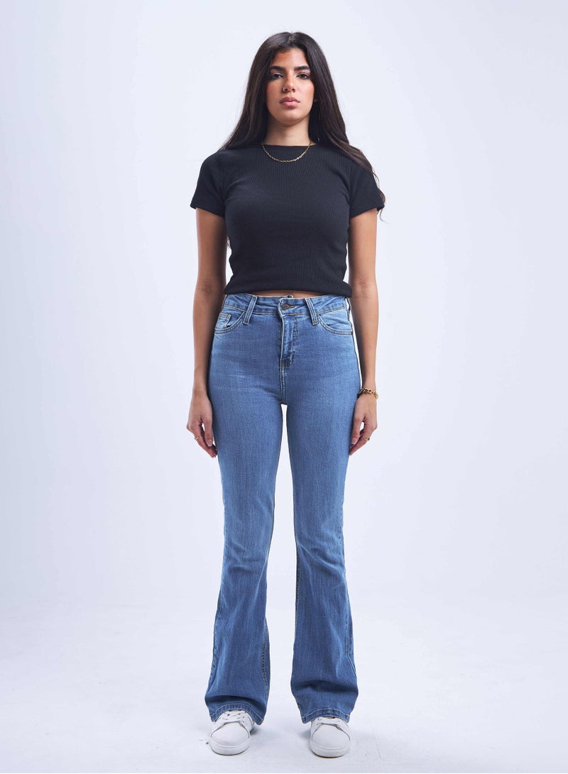 CIZARO High-Waist Medium Blue Shade Degrade Flared Jeans. - Image 2