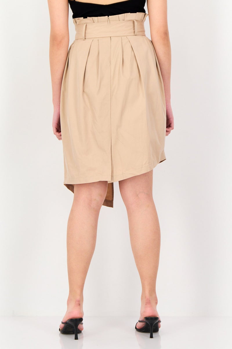 Selected Femme Women Asymmetric Mini Skirt, Tan - Image 3