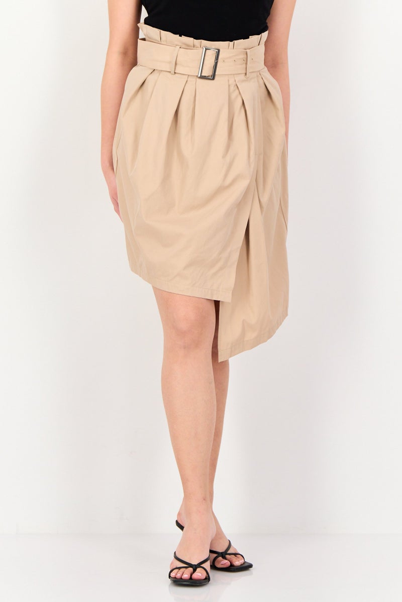 Selected Femme Women Asymmetric Mini Skirt, Tan - Image 1