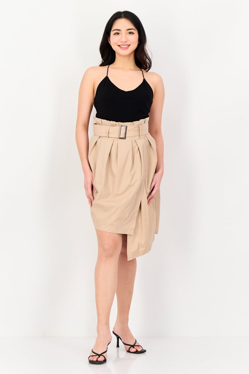 Selected Femme Women Asymmetric Mini Skirt, Tan - Image 4
