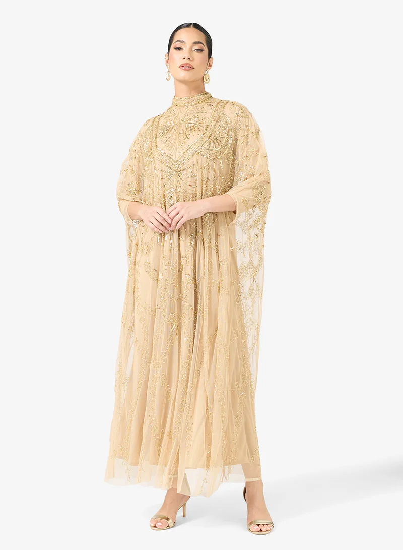 Embellished Sequin Modest Cape Sleeve Maxi Dress