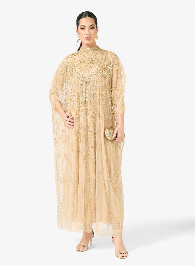 MARYISA Embellished Sequin Modest Cape Sleeve Maxi Dress - Image 4