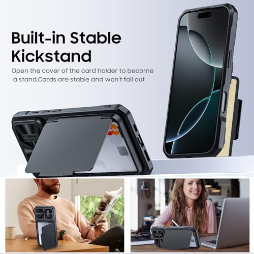 BSNRM for iPhone 16 Pro Case Wallet, Hidden Card Holder (4 Cards), Pop-up Camera Cover, Military Grade Protection, Durable Kickstand Heavy Duty Men Women Shockproof Case for iPhone 16 Pro(Black) - Image 5