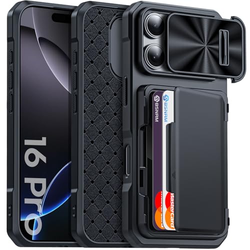 BSNRM for iPhone 16 Pro Case Wallet, Hidden Card Holder (4 Cards), Pop-up Camera Cover, Military Grade Protection, Durable Kickstand Heavy Duty Men Women Shockproof Case for iPhone 16 Pro(Black) - Image 1