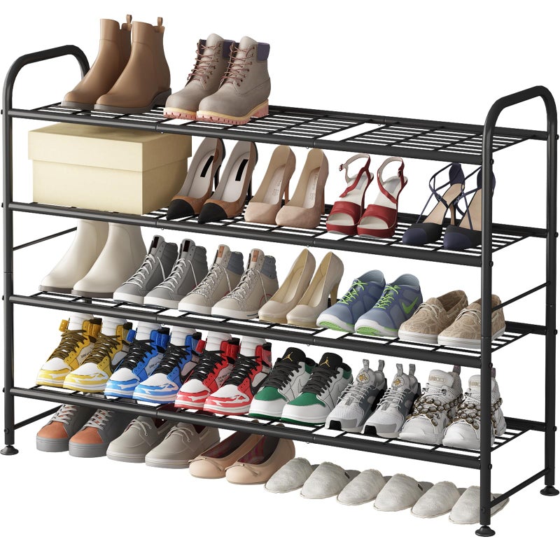 LINZINAR Shoe Rack Long 4 Tier Shoe Storage Organizer Metal Wide Shoe Shelf for Closet Entryway Bedroom 24 Paris Large Capacity Gold Black