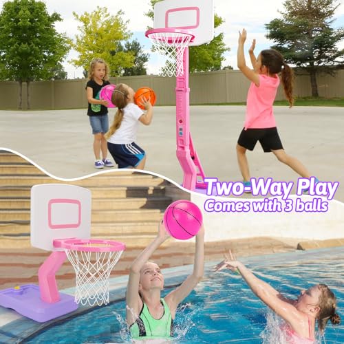 Qirptey Toddler Girl Basketball Hoop Indoor Pink Adjustable Mini Basketball Goal with Ball Pump for Outdoor Poolside Toys Backyard Game Outside Basketball Toy for Kids Age 3-5 6 7 4-8 Birthday Gift - Image 3