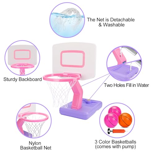 Qirptey Toddler Girl Basketball Hoop Indoor Pink Adjustable Mini Basketball Goal with Ball Pump for Outdoor Poolside Toys Backyard Game Outside Basketball Toy for Kids Age 3-5 6 7 4-8 Birthday Gift - Image 5