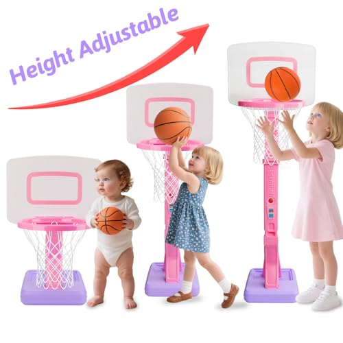 Qirptey Toddler Girl Basketball Hoop Indoor Pink Adjustable Mini Basketball Goal with Ball Pump for Outdoor Poolside Toys Backyard Game Outside Basketball Toy for Kids Age 3-5 6 7 4-8 Birthday Gift - Image 2