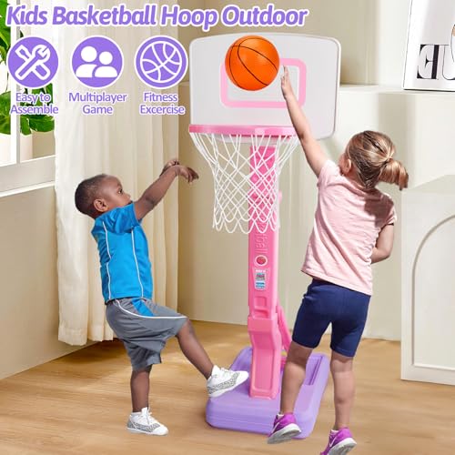 Qirptey Toddler Girl Basketball Hoop Indoor Pink Adjustable Mini Basketball Goal with Ball Pump for Outdoor Poolside Toys Backyard Game Outside Basketball Toy for Kids Age 3-5 6 7 4-8 Birthday Gift - Image 4