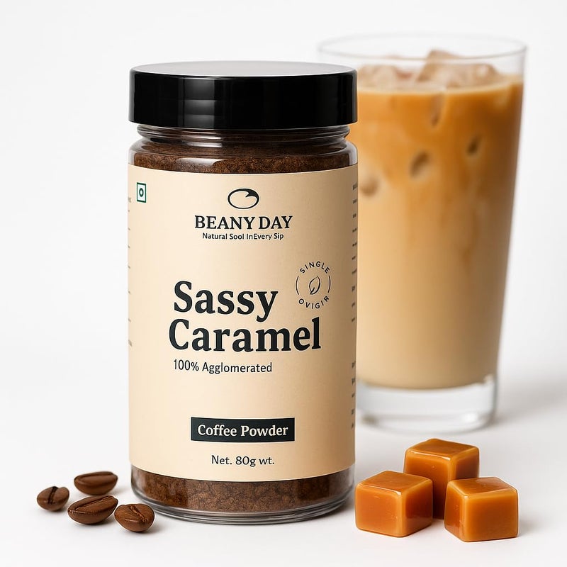 Beany Day Sassy Caramel (80g) | Instant Coffee Powder | 100% Agglomerated | Strong & Aromatic Coffee | No Preservatives | Flavoured Coffee for Latte, Cappuccino - Image 2