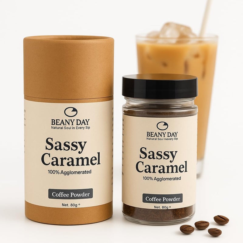 Beany Day Sassy Caramel (80g) | Instant Coffee Powder | 100% Agglomerated | Strong & Aromatic Coffee | No Preservatives | Flavoured Coffee for Latte, Cappuccino - Image 1