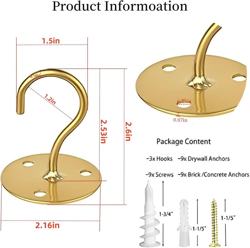 LangPu Ceiling Hooks for Hanging Plants-Metal Heavy Duty Wall Mounted Hangers for Hanging Bird Feeders, Planters, Wind Chimes, Include Professional Drywall Anchors (5 Pack) (Bright Gold) - Image 2