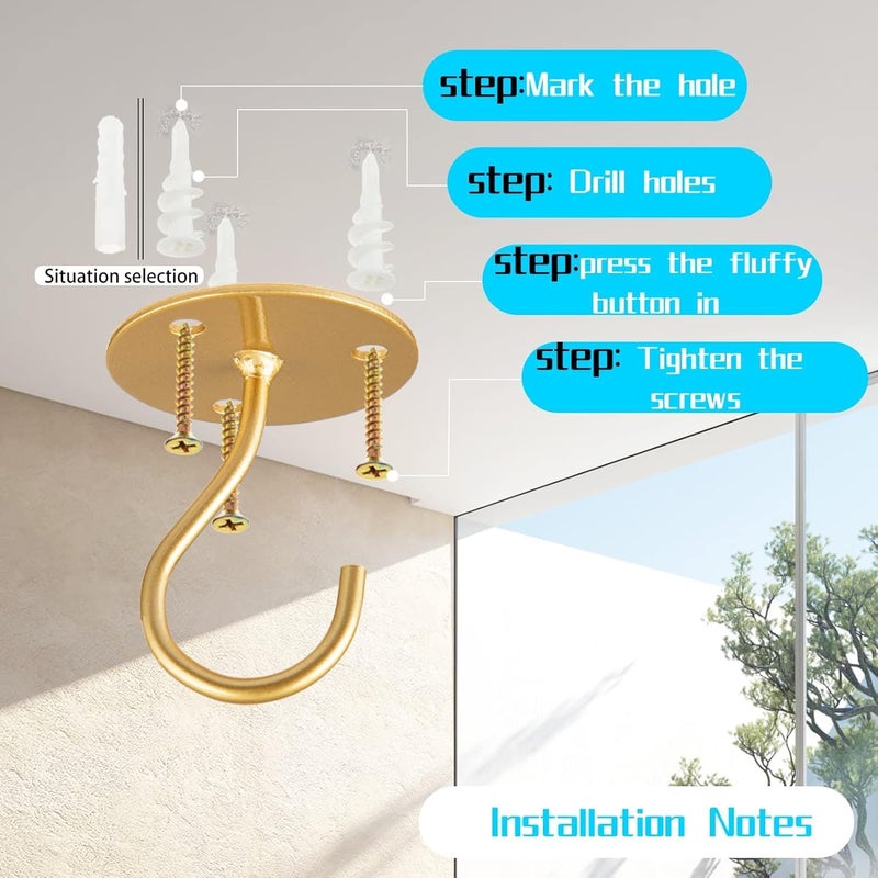 LangPu Ceiling Hooks for Hanging Plants-Metal Heavy Duty Wall Mounted Hangers for Hanging Bird Feeders, Planters, Wind Chimes, Include Professional Drywall Anchors (5 Pack) (Bright Gold) - Image 5