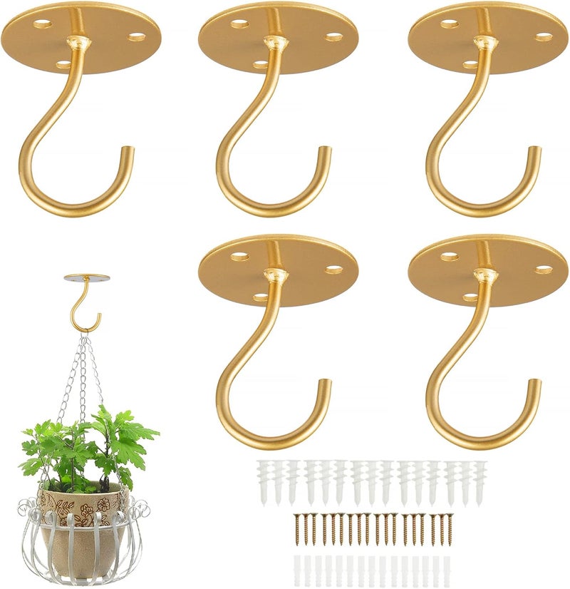 LangPu Ceiling Hooks for Hanging Plants-Metal Heavy Duty Wall Mounted Hangers for Hanging Bird Feeders, Planters, Wind Chimes, Include Professional Drywall Anchors (5 Pack) (Bright Gold) - Image 1